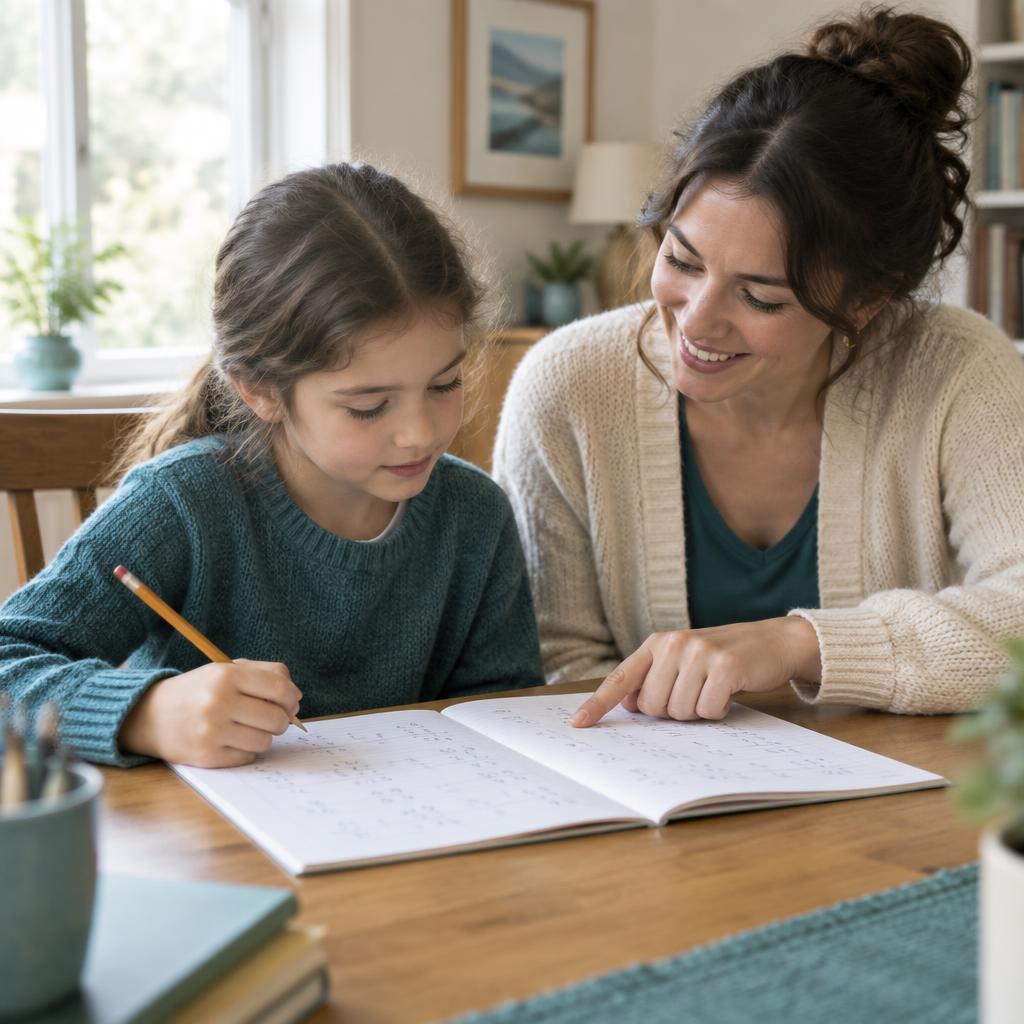 Tutor teaching a student one to one at a table at home